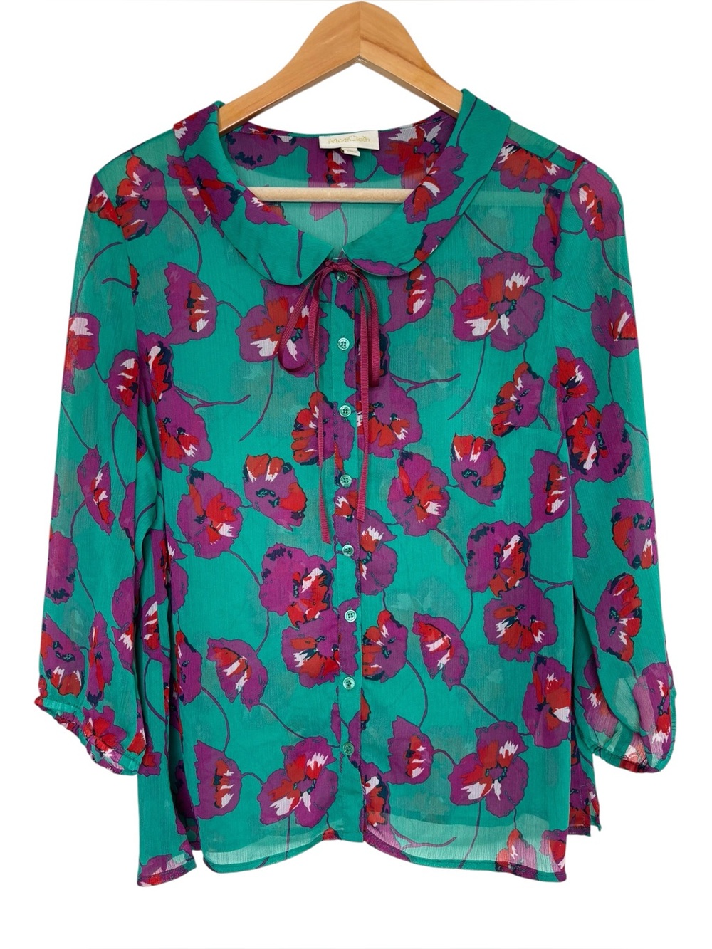 Modcloth button down teal floral tie neck semi sheer blouse size large